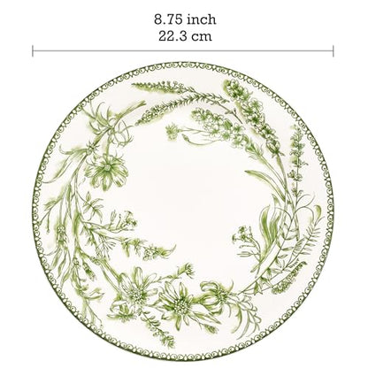 Bico Green Garden Toile De Jouy Salad Plates Set of 4, 8.75 Inch Ceramic Dessert Plates for Salad, Appetizer, Side Dishes, Microwave and Dishwasher Safe, Gift for Housewarming and Thanksgiving - color: Green Garden Toile De Jouy