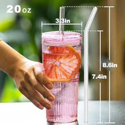 JunVpic Glass Coffee Tumbler, 20 oz Glass Cup with Lid and Straw | Pink glass design, Hammered Texture, reusable straw and lid for iced coffee, tea, smoothies and hot & cold drink - color: Pink, size: 20oz