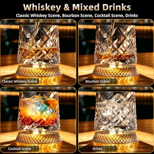 Luxury 360° Spinning Crystal Whiskey Glass Set Of 2, Rotating Old Fashioned Rocks Glasses & & 4 Color Lighting, Scotch & Bourbon, Cocktail Glasses for Bar, Party, Home, and Gift (Diamond) - color: Diamond