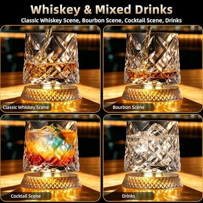 Luxury 360° Spinning Crystal Whiskey Glass Set Of 2, Rotating Old Fashioned Rocks Glasses & & 4 Color Lighting, Scotch & Bourbon, Cocktail Glasses for Bar, Party, Home, and Gift (Diamond) - color: Diamond