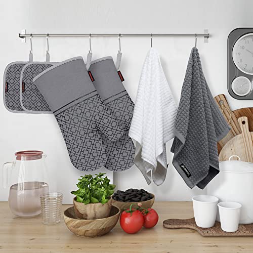 Oven Mitts and Pot Holders Sets 6pcs, Kitchen Oven Glove,High Heat Resistant 550 Degree Extra Long Oven Mitts and Potholders with Non-Slip Silicone Surface for Home Essentials (Grey) (Gray) - color: Gray