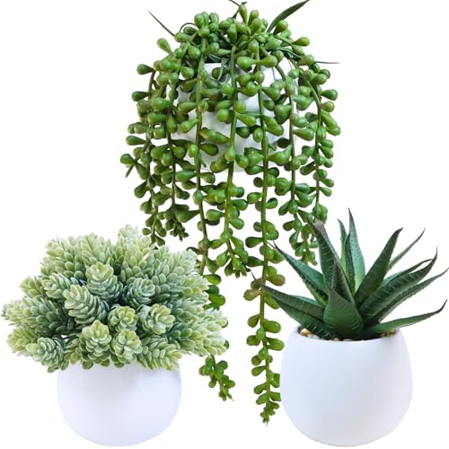 Winlyn Set of 3 Assorted Artificial Succulent Plants in White Concrete Pots Faux Aloe Hops String of Pearls Potted Plants Small Fake Plants for Home Garden Office Desk Counter Shelf Windowsill Decor - color: White Pots
