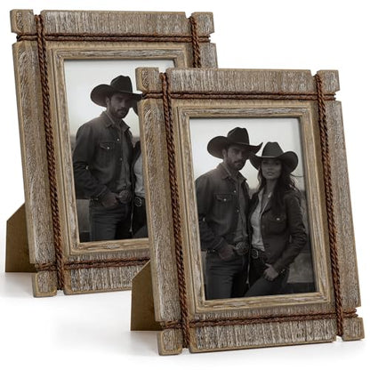 Afuly 5x7 Picture Frames Set of 2 Rustic Wood Farmhouse Unique Photo Frame | Distressed Western with Real Glass & Hemp Rope, Wall and Tabletop, Home Decor Birthday Gifts for Mom Dad Friends - size: 5x7