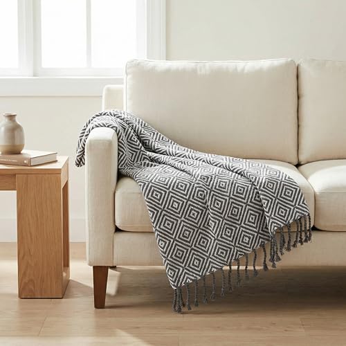 Cotton Throw Blanket 50x60 Inches - Charcoal | Cotton Decorative Blankets for Couch, Sofa Chair, Camping, Washable Lightweight Bed Thrwo Blanket - color: Charcoal White Diamond