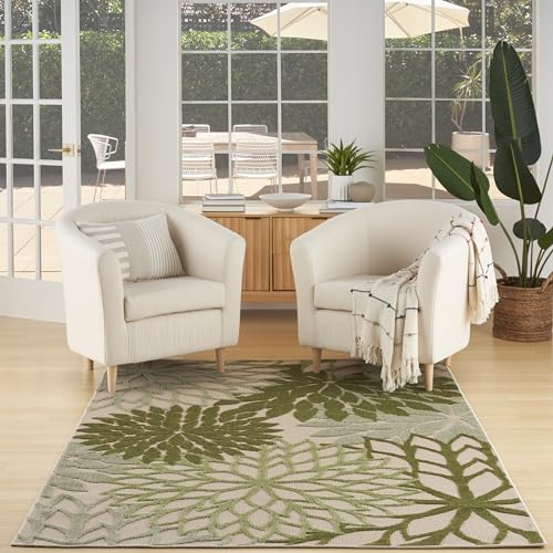 Nourison Home Aloha Tropical Indoor/Outdoor Ivory Green 5'3" x 7'5" Area Rug, Easy Cleaning, Non Shedding, Bed Room, Living Room, Dining Room, Backyard, Deck, Patio (5x7) - color: Ivory Green, size: 5'3" x 7'5" (Rectangular)