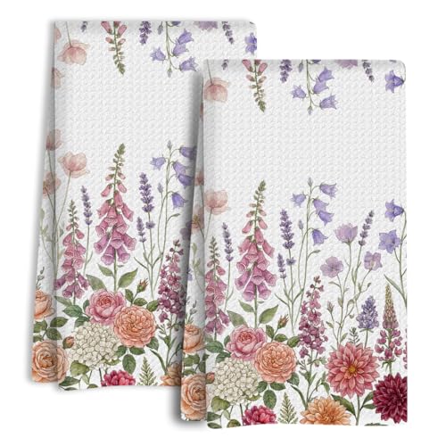 Cute Floral Kitchen Towels Set of 2, Dish Towels for Kitchen Soft Absorbent Tea Hand Towel for Home Bar Cooking, Baking ,Cleaning Decorative Housewarming Aesthetic Vintage Flower, 13.8 x 23.6 Inch - color: Floral 1455