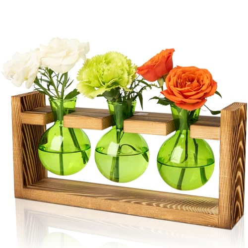 XXXFLOWER Plant Terrarium Jar Propagation Station Stand 3 Green Bulb Vases | Plant Lovers Gifts for Mom Wife Grandma Daughter, Hydroponics Cutting Tabletop Office Home Garden Indoor Decoration - color: Green