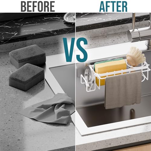 TAILI 4-in-1 Sponge Holder for Kitchen Sink with Strong Suction Cup-White | Removable Rustproof 304 Stainless Steel Multi-compartment Sponge Holder with Suction Cup, Keeps Brushes & Scrubbers Tidy - color: White, size: 7.28" x 2.36"