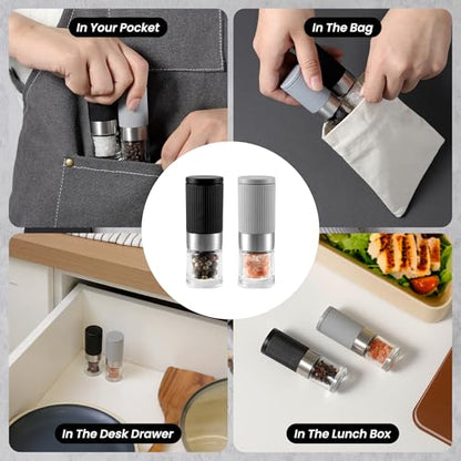 Mini Salt and Pepper Grinder Set, Small Tiny Adjustable Coarseness Ceramic Salt Grinder with Funnel and Bag Portable Handy Spice Pepper Mill Shaker For Outdoor Party Lunch Bag Kitchen - color: Gray