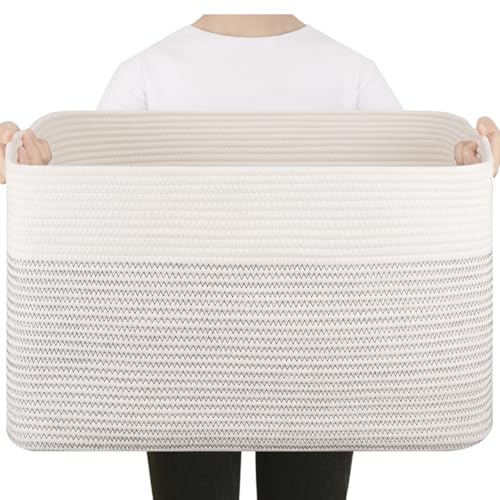 75L Large Cotton Rope Basket, Soft Toy Storage Bin for Nursery & Living Room, Decorative Blanket Basket for Bedroom, Baby-Safe Organizer for Pillows &Laundry, 22''×17''×12'', Black & White - color: Black & White, size: 75L