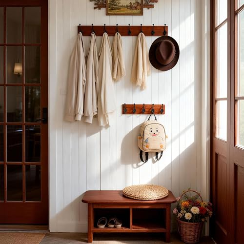 WEBI Rustic Coat Rack Wall Mount,35.43" Long 8 Cast Iron Coat Hooks Wall Mounted,Heavy Duty Wood Wall Coat Hanger Hooks for Hanging Coats,Jacket,Clothes,Backpack,Farmhouse,Cherry,2 Packs - color: Cherry, size: 35 Inch(2 Packs)
