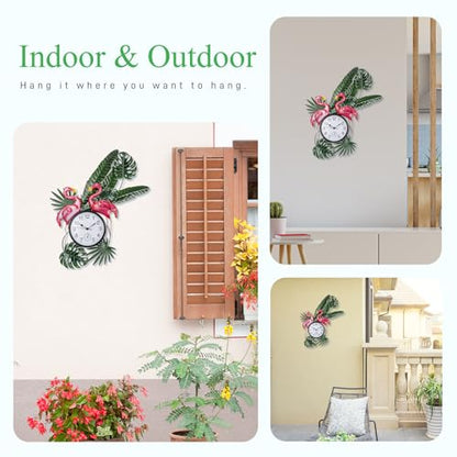 Outdoor Clock and Thermometer Combo | Silent Non-Ticking, Flamingo Outdoor Wall Clock, Metal Wall Art Decor for Patio, Garden, Home Decor - style: Flamingo with Leaves