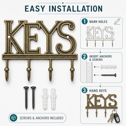 Comfify Gold-Black Cast Iron Key Holder for Wall – Keys Sign with 4 Hooks | Warm gold with black antique finish; mounting hardware included; entryway, hallway or door; 6"H x 8"L; holds 8 keychains - color: Gold with Black