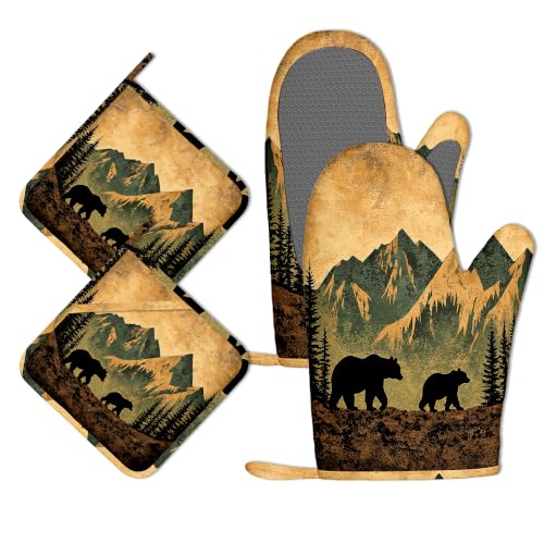Retro Bear Mountain Oven Mitts and Pot Holders Sets of 4, Heat Resistant Silicone Oven Mitts Gloves Non-Slip Kitchen Mittens Potholders for Cooking Baking Grilling BBQ - color: Retro Bear Mountain