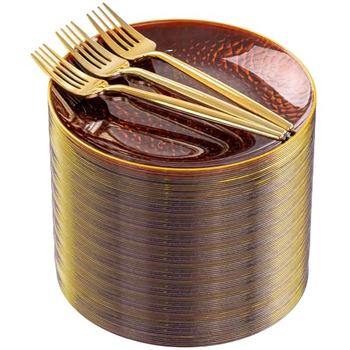Rubtlamp 200Pcs Brown Plastic Dessert Plates with Gold Rim, 6inch Fancy Amber Plastic Plates Include 100 Hammered Appetizer Plates and 100 Disposable Gold Forks for Party Wedding Birthday - color: Brown gold