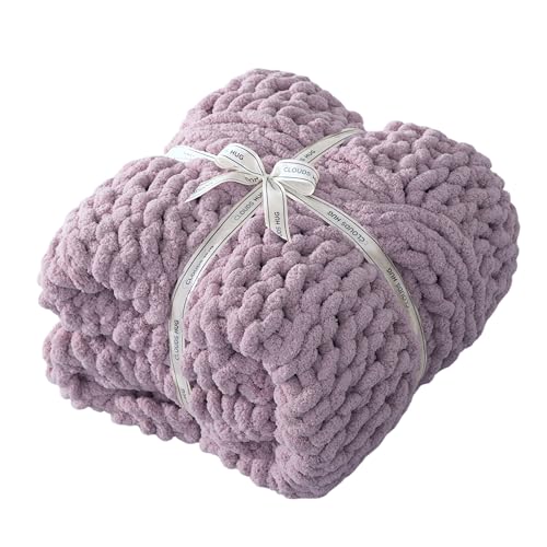 Chunky Knit Blanket Throw - 100% Hand Knitted Chunky Soft Throw Blanket for Couch, Thick and Warm Blanket for Winter, Purple, 50x60 Inches - color: Purple, size: Throw (50" x 60")