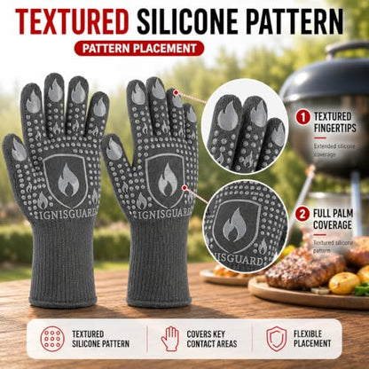 IGNISGUARD® BBQ Gloves, Heat Resistant Grill Gloves, 1 Pair, Gray (L) | EN407:2020 tested with textured silicone grip, three-layer construction and long knit cuff for added wrist coverage. - color: Gray, size: Large