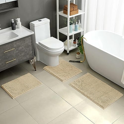 HOMEIDEAS 3 Pieces Bathroom Rugs, Ultra Soft Non Slip Absorbent Chenille Toilet Bath Mat Set (Beige) - color: Beige-beige, size: 17"x24"+20"x32"+U Shape 20"x24"