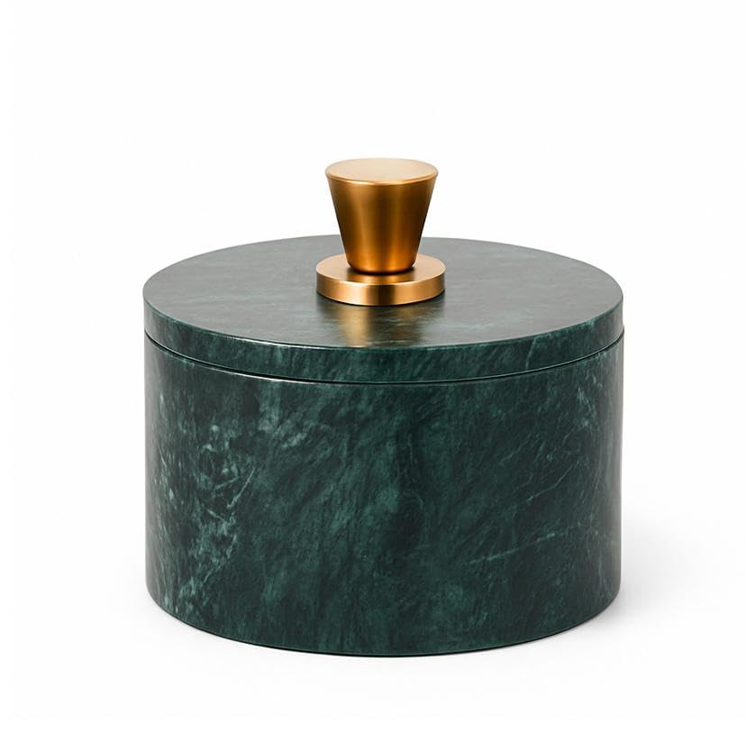 Marble Salt Cellar with Lid and Golden Knob | Natural Stone Salt Box for Kitchen Counter and Dining | Marble Spice Jar Holder for Cooking, Tabletop, and Countertop Storage (4X3.5 Inch, Green) - color: Green with Golden Knob