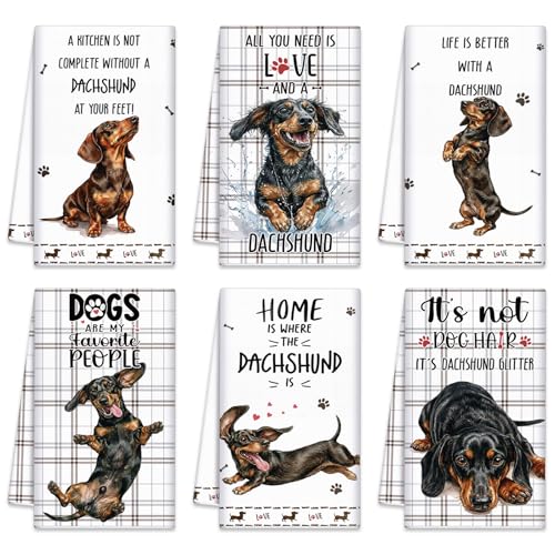 Redbaker 6 Pcs Dachshund Kitchen Towels Funny Dishcloth | Gifts for Dachshund Lovers Dog Owner Cute Brown Grid Kitchen Hand Tea Dish Towel with Hanging Loop for Home Housewarming Gift - style: Dachshund