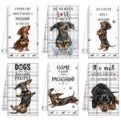 Redbaker 6 Pcs Dachshund Kitchen Towels Funny Dishcloth | Gifts for Dachshund Lovers Dog Owner Cute Brown Grid Kitchen Hand Tea Dish Towel with Hanging Loop for Home Housewarming Gift - style: Dachshund