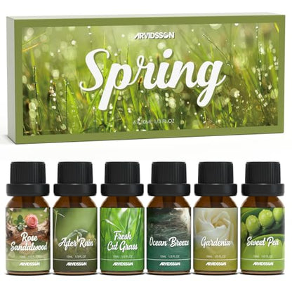 ARVIDSSON Spring Essential Oils Set, Natural Fragrance Oil for Diffuser - After Rain, Ocean Breeze, Fresh Cut Grass, Gardenia, Sweet Pea, Rose Sandalwood, Spring Scented Oil Gift Set - color: Green