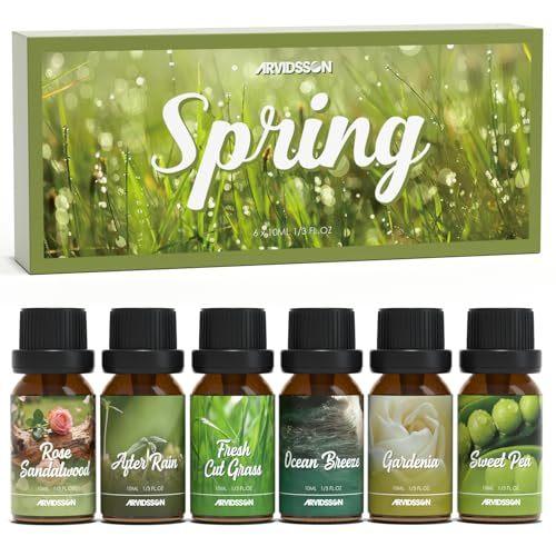 ARVIDSSON Spring Essential Oils Set, Natural Fragrance Oil for Diffuser - After Rain, Ocean Breeze, Fresh Cut Grass, Gardenia, Sweet Pea, Rose Sandalwood, Spring Scented Oil Gift Set - color: Green