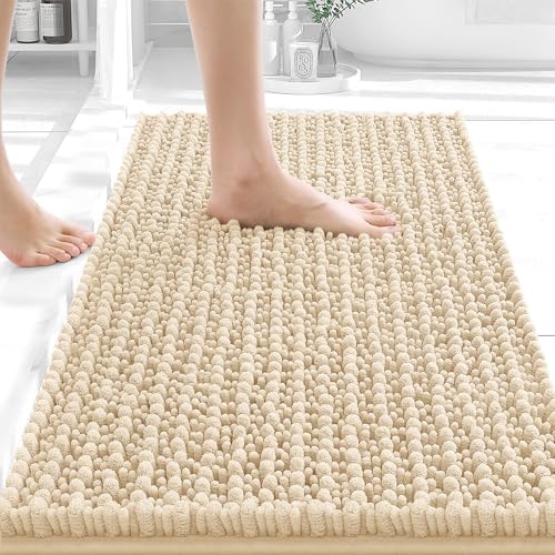OLANLY Small Bathroom Rugs 24x16, Thick Soft Absorbent Chenille Bath Rugs | Beige, Shaggy Bath Mat with Quick-Drying Rubber Backing, Machine Washable for Floor, Tub and Shower, Home Decor Accessories - color: Beige, size: 24" x 16"