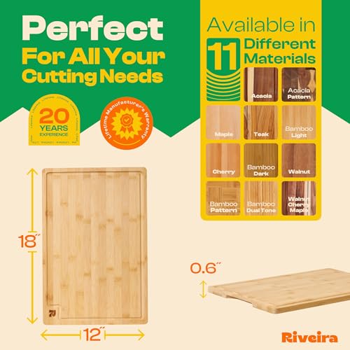 Riveira Bamboo Grandeur: 18 x 12 Bamboo Cutting Board Natural Wooden Cutting Board With Innovative Juice Grooves - size: 18"L x 12"W