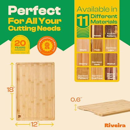 Riveira Bamboo Grandeur: 18 x 12 Bamboo Cutting Board Natural Wooden Cutting Board With Innovative Juice Grooves - size: 18"L x 12"W