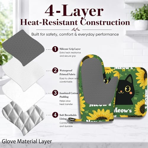 Black Cat Oven Mitts and Pot Holders Sets Cartoon Sunflower Silicone Heat Resistant Kitchen Oven Gloves Pot Holder for Cooking Baking Grilling BBQ - color: Black Cat