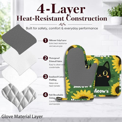 Black Cat Oven Mitts and Pot Holders Sets Cartoon Sunflower Silicone Heat Resistant Kitchen Oven Gloves Pot Holder for Cooking Baking Grilling BBQ - color: Black Cat