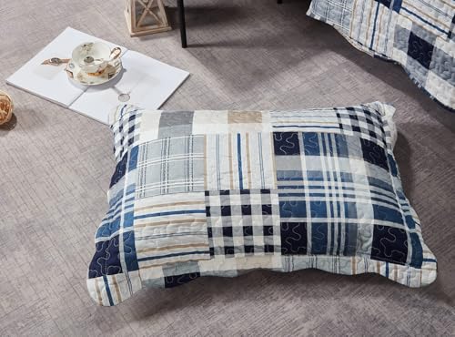 Brilliant Sunshine Multi Blue Plaids & Stripes Pillowshams Set, 20"x26"+2" | Patchwork Design, Quilted Standard Pillowcases, Washable Scallop Edge Pillow Covers, Pack of 2 - color: Blue, size: 20 x 26 inches