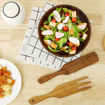 Wood Salad Bowl with Spatula and Fork, Round Serving Bowl, Large Mixing Bowls Set with Serving Utensils, Multi-functional Kitchen Serveware for Salads,Soups,Fruits,Snacks,Pasta