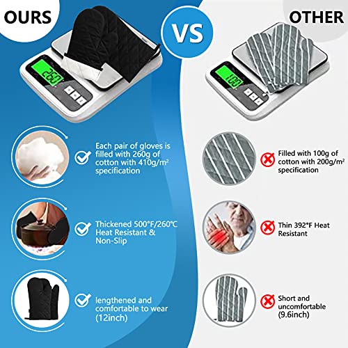 Oven Mitts and Pot Holders 4 pcs Set,High Heat Resistant 500 Degree Extra Thicken Long Kitchen Cotton Oven Glove for Cooking (12 Inch,Black) - color: Cotton-black