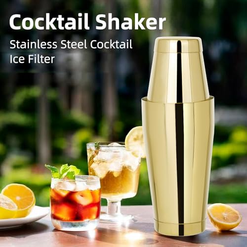 Mwellewm 8 Pcs Cocktail Shaker Boston Shaker Set Professional Bartender Kit Bar Shaker Stainless Steel Drink Bartending Martini Tin with 18oz & 28oz Mixed Alcohol Tool for Beginner(Gold) - color: Gold