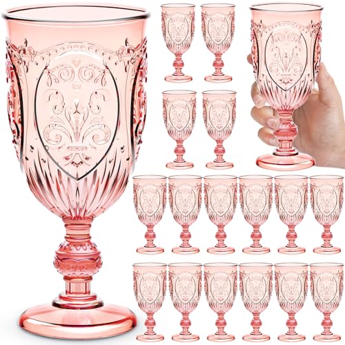 Wiwiqing 18 Pack Plastic Goblets 10oz Upgrade Vintage Water Goblet Plastic Wine Glasses Colored Retro Embossed Glassware for Party Wine Bar Juice Baby Shower Wedding Reception Grand (Pink) - color: Pink