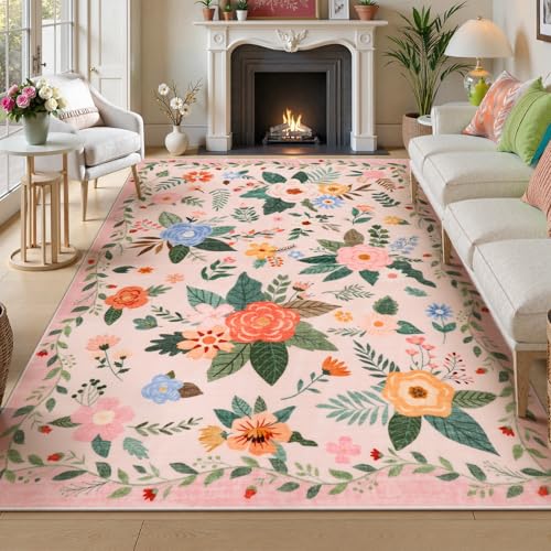 Lahome Pink Rugs for Kids Room 8x10, Pastel Floral Border Decor for Girls Room, Soft Cute Nursery Toddler Classroom Rug, Non Slip Thin Carpet for Dorm Bedroom Playroom - color: Pink/Beige, size: 8' x 10' (Rectangular)