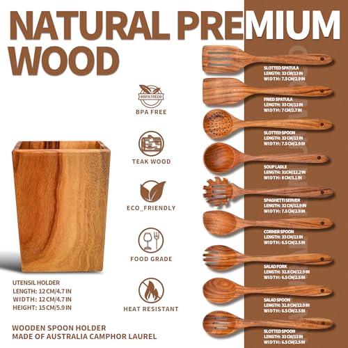 Gudamaye 13 inch Long Wooden Spoons for Cooking, 9 PCS Natural Teak Wooden Kitchen Utensil Set with Utensils Holder Made of Australia Camphor Laurel Wood，Wooden Utensils for Cooking - size: 10 PCS Long Handle with Holder