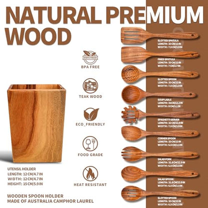 Gudamaye 13 inch Long Wooden Spoons for Cooking, 9 PCS Natural Teak Wooden Kitchen Utensil Set with Utensils Holder Made of Australia Camphor Laurel Wood，Wooden Utensils for Cooking - size: 10 PCS Long Handle with Holder
