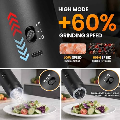 Gravity Electric Salt Grinder Set w/Variable Speed,Black 2 Pack | with Variable Grinding Speed, External Adjustable Coarseness, One Hand Operation, Upgraded Larger Capacity,White LED Light - color: Black