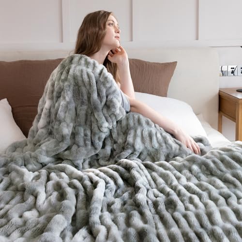 Ultra Soft Cozy Faux Fur Throw Blanket, Fuzzy Plush Thick Bubble Blanket, Luxury Fluffy Blanket for Couch, Sofa, Bedroom, and Living Room, 60x80 Inches,Tie-Dye Gray - color: Z-tie-dye Gray, size: Twin