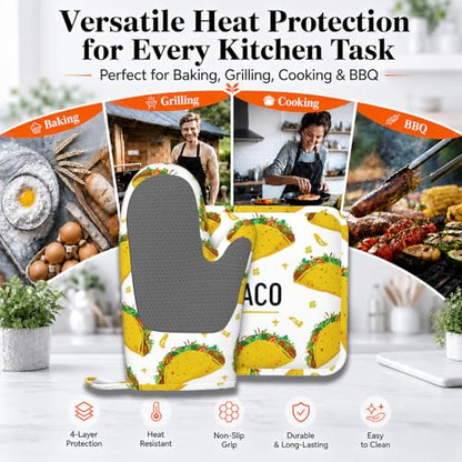 Taco Time Heat-Resistant Oven Mitts and Pot Holder Kitchen Non-Slip Silicone Cooking Microwave Gloves for Cooking Baking Grilling - color: Taco Time