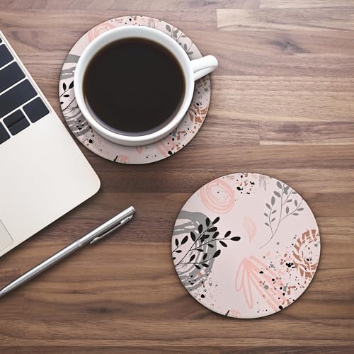 Aesthetic Ceramic Desk Coasters for Women, Girly Pretty Spring Floral Boho Coaster Set of 4 - color: Pink Boho