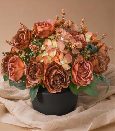 Artificial Flowers with Vase, Silk Rose Flower Arrangement with Ceramic Vase, Fake Flowers in Vase for Home Decor, Small Flower Vase for Table, Shelf, Living Room and Dining Room - color: Orange