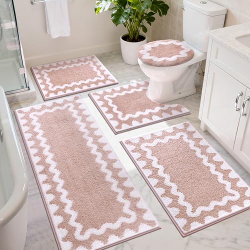 Findosom Bathroom Rugs Sets 5 Piece, Absorbent Soft Non-Slip Bath Rug Set | Washable Microfiber Shaggy Bath Mat Set with Bathroom Runner Rug, U-Shaped Toilet Rugs, Shower Rug & Toilet Lid Cover, Pink - color: Pink & White, size: 18"x26"+20"x32"+20"x48"+U