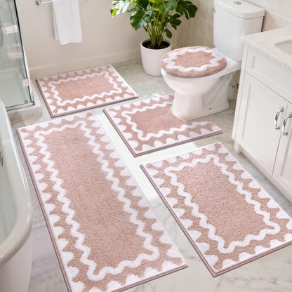 Findosom Bathroom Rugs Sets 5 Piece, Absorbent Soft Non-Slip Bath Rug Set | Washable Microfiber Shaggy Bath Mat Set with Bathroom Runner Rug, U-Shaped Toilet Rugs, Shower Rug & Toilet Lid Cover, Pink - color: Pink & White, size: 18"x26"+20"x32"+20"x48"+U