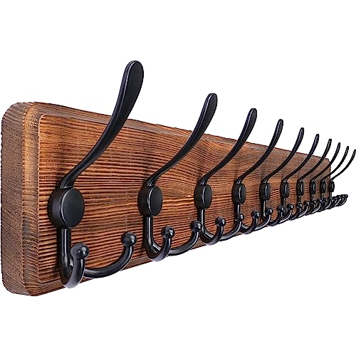 SKOLOO Rustic Coat Rack Wall Mount, 10 Hooks, 38.6'' Long, Solid Wood,Brown | Rustic finish, 100 lb capacity, entryway bedroom mudroom, wall mount, 16" stud spacing, hardware included, rustproof hooks - color: Brown Plate & Black Hook, size: 1 Item-10 Hoo