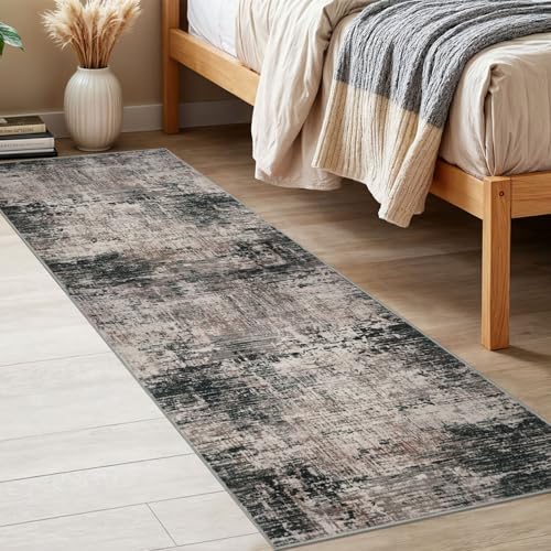 KILOCOCO Abstract Runner Rug 2x6 ft Washable Hallway Runner, Black/Brown | Machine Washable Kitchen Runner, Non Slip Entryway Runner, Printed Carpet Runners, Abstract Floor Runners, Soft Bedside Rug - color: Black/Brown, size: 2' x 6' (Runner)
