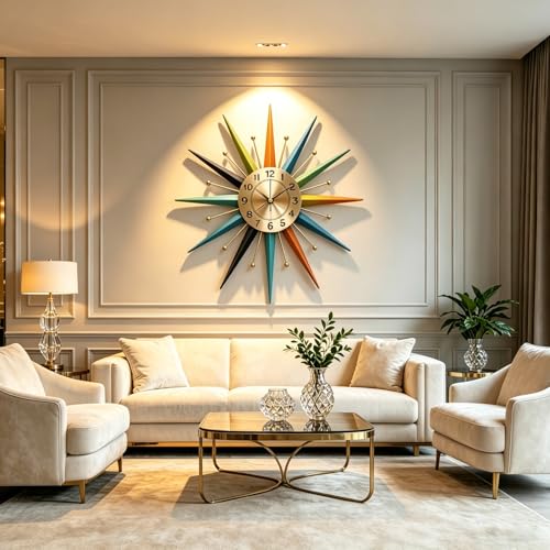 22 Inch Mid-Century Style Metal Crystal Wall Clock, Star-Shaped Silent Decorative Wall Clock, Suitable for Living Room,Bedroom,Dining Room,Porch,Office